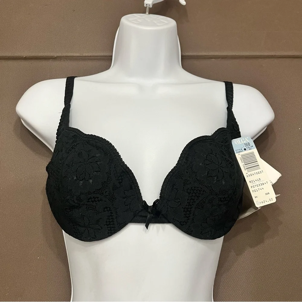 Olga Bra Petite Lightly Lined Underwire Black Lace USA 36B NOS Vintage 33847 NWT